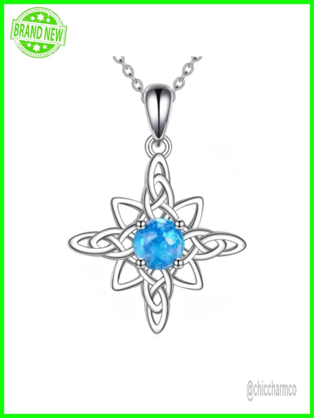 925 Sterling Silver North Star Necklace Celtic Knot Blue Opal Pendant Necklace
